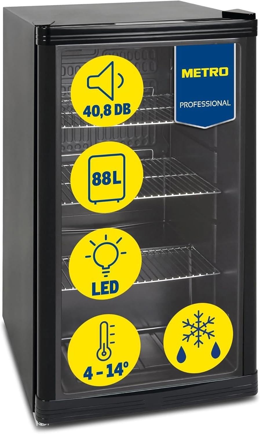 METRO Professional Mini-Kühlschrank GPC1088,88 l, 1.052 kWh/24h, Schwarz, 3 Edelstahl-Drahtböden