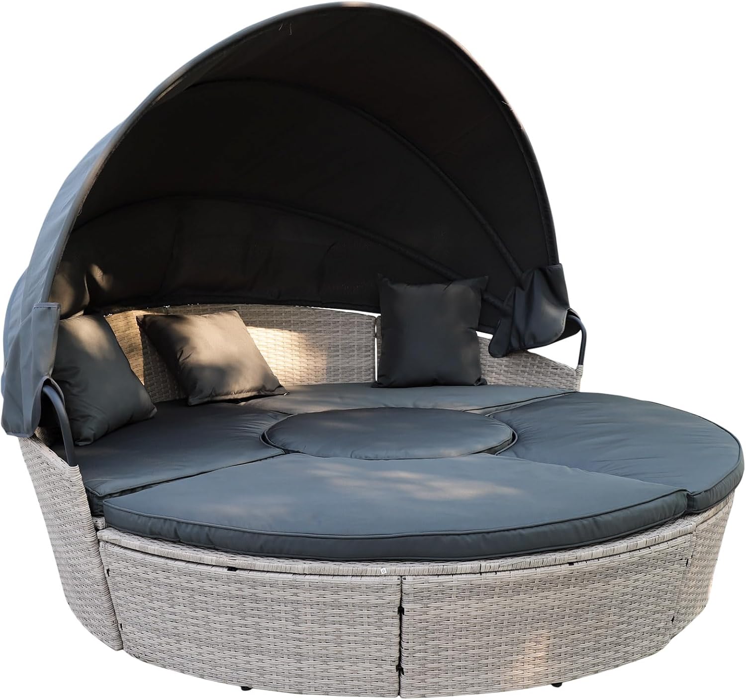 Calma Lux Liege Poly Rattan Sonneninsel XL , 15 cm dicker Polsterung, Dach: 160 cm, Dia 210, 210 cm, klappbar, Liegefläche Ø ca, Hellgrau/Dunkelgrau