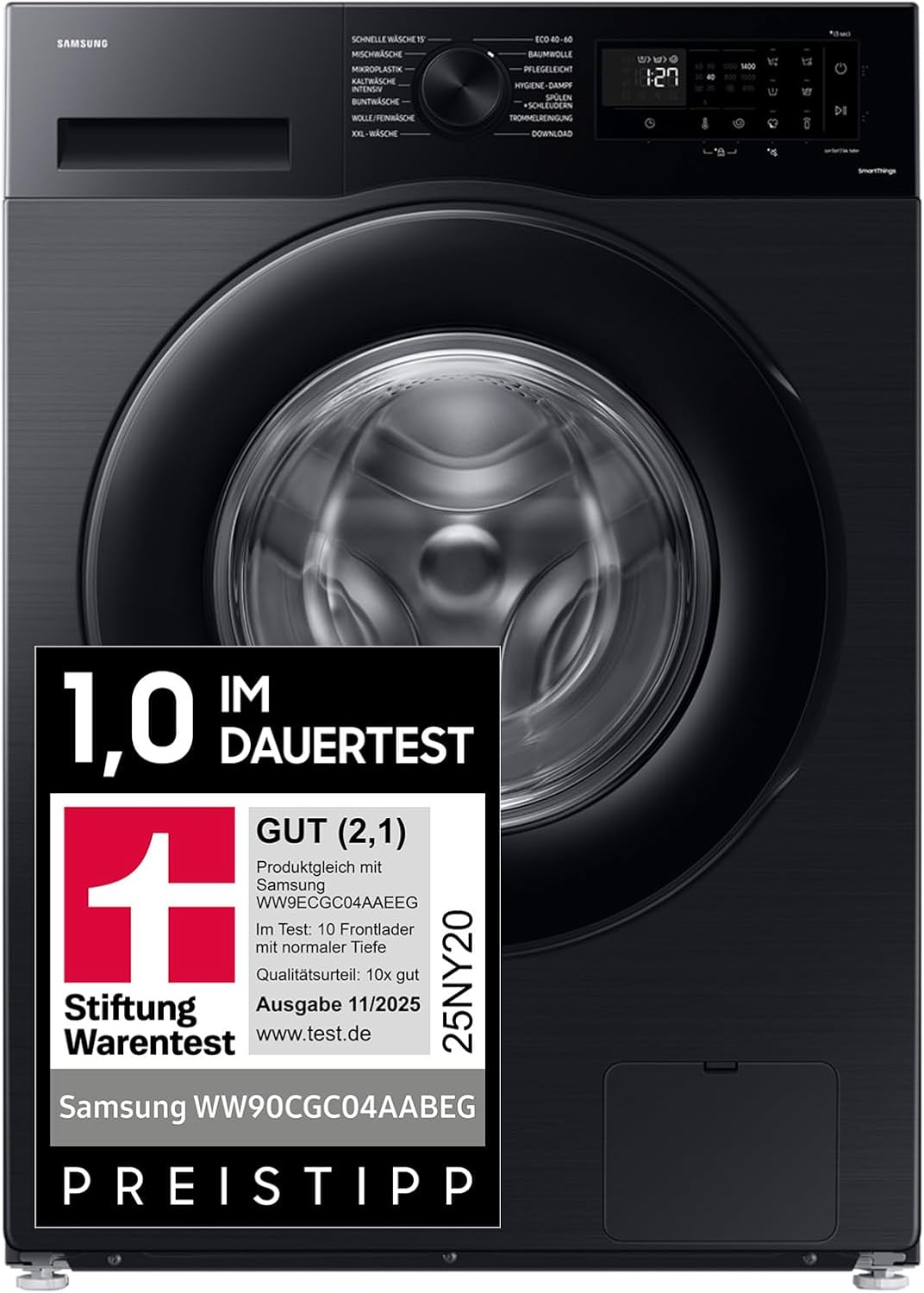 Samsung Waschmaschine, 9 kg, 1.400 U/min, WW90CGC04AABEG, Schwarz, EEK: A, Mikroplastik-Programm, 14 Programme, WiFi SmartControl