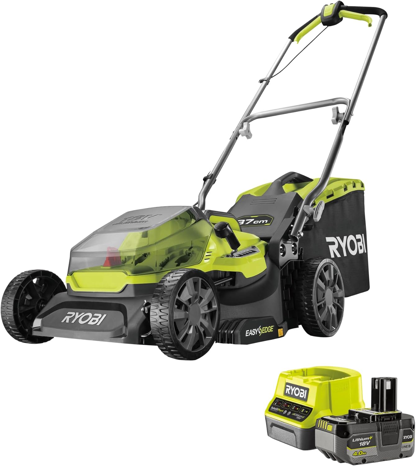 RYOBI 18 V ONE+ Akku-Rasenmäher RY18LM37A-140, Inkl. 1 × 4.0 Ah Akku & Ladegerät, 37 cm Schnittbreite, Für mittlere Rasenflächen bis 249 m2