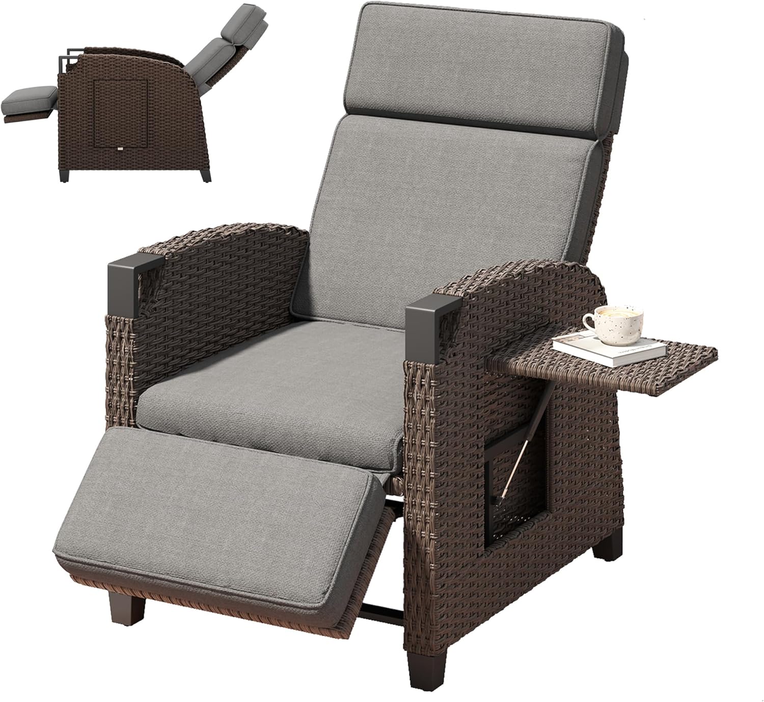 Amopatio Relaxliege Liegesessel, Grau Sitzkissen & Dunkelbraun Rattan, Rattan Sonnenliege mit Verstellbar Rückenlehne und Klapptisch, Für Terrasse