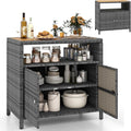 GYMAX Gartenschrank Rattan, 90 × 53 × 86 cm, Grau, Terrassenschrank mit Doppeltür, Akazienholz-Arbeitsplatte & offenes Regal, Balkonschrank für Garten