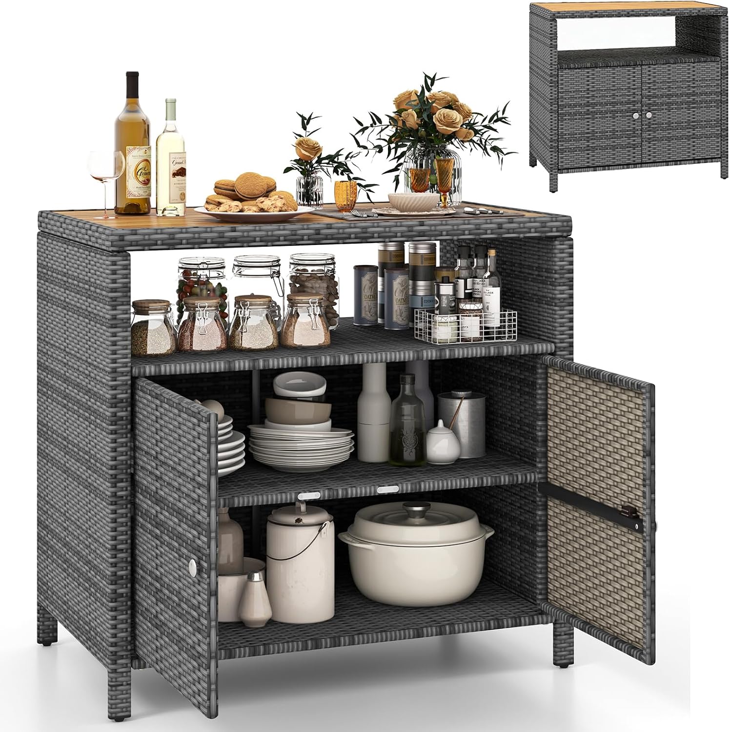 GYMAX Gartenschrank Rattan, 90 × 53 × 86 cm, Grau, Terrassenschrank mit Doppeltür, Akazienholz-Arbeitsplatte & offenes Regal, Balkonschrank für Garten