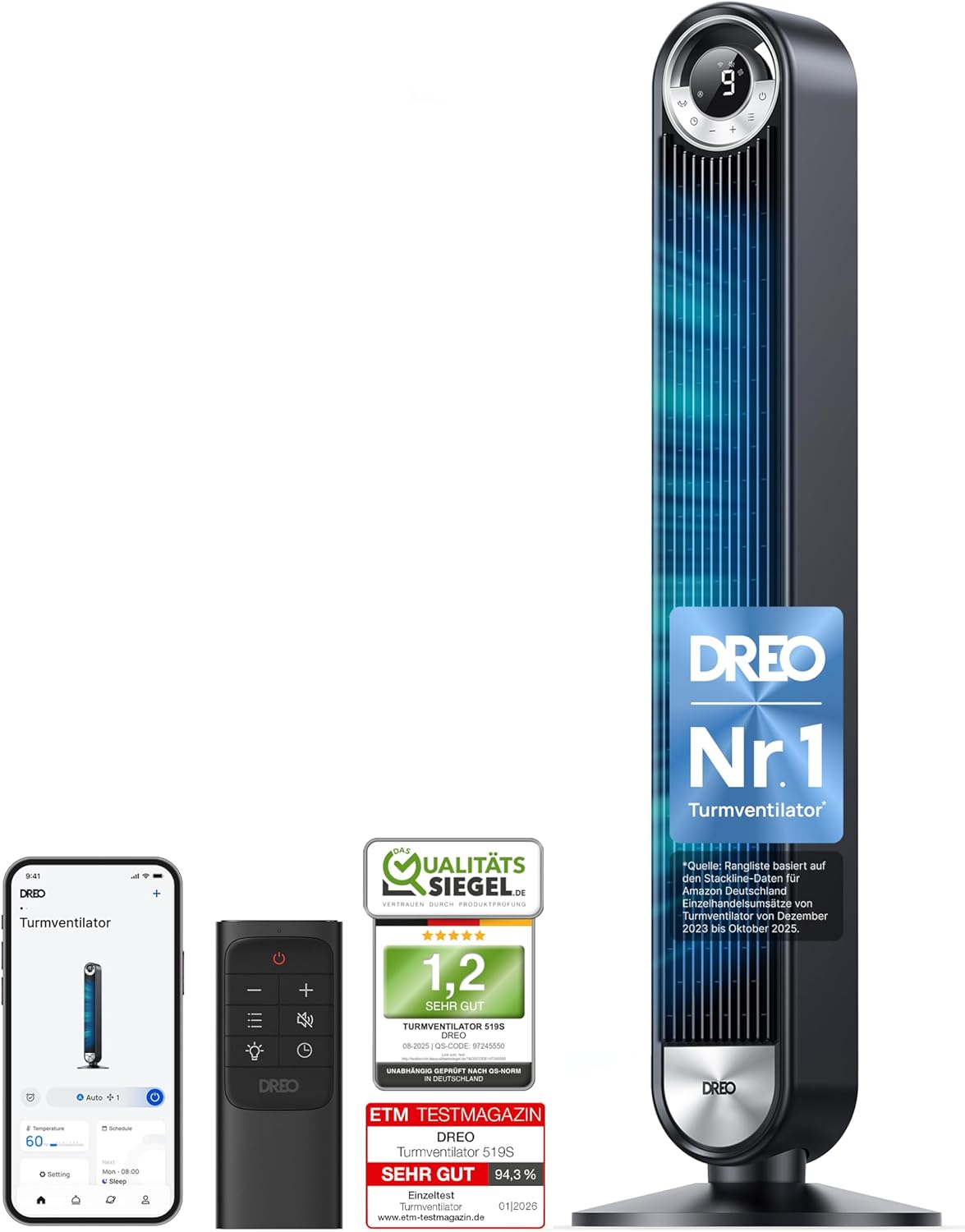 DREO 25 dB Leiser Smart Turmventilator, Cruiser Pro T2S, Schwarz
