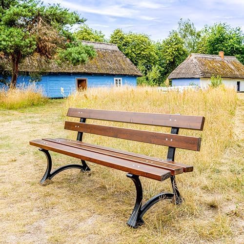 REKORD Gartenbank 170 × 59 × 73 cm Robuste Parkbank aus Metall und Holz mit Rückenlehne wetterfeste Outdoor Sitzbank Bank für Garten Terrasse Balkon