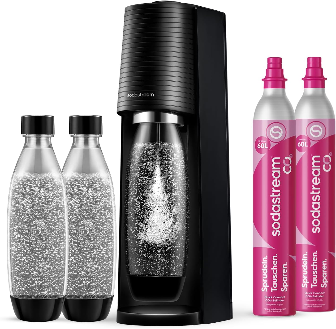 Sodastream, Mit 2 × 60 l CO2-Zylinder, 3x BPA-freie 1 l Flasche, Schwarz, Terra Wassersprudler, Quick Connect Zylindersystem, Spülmaschinengeeignet
