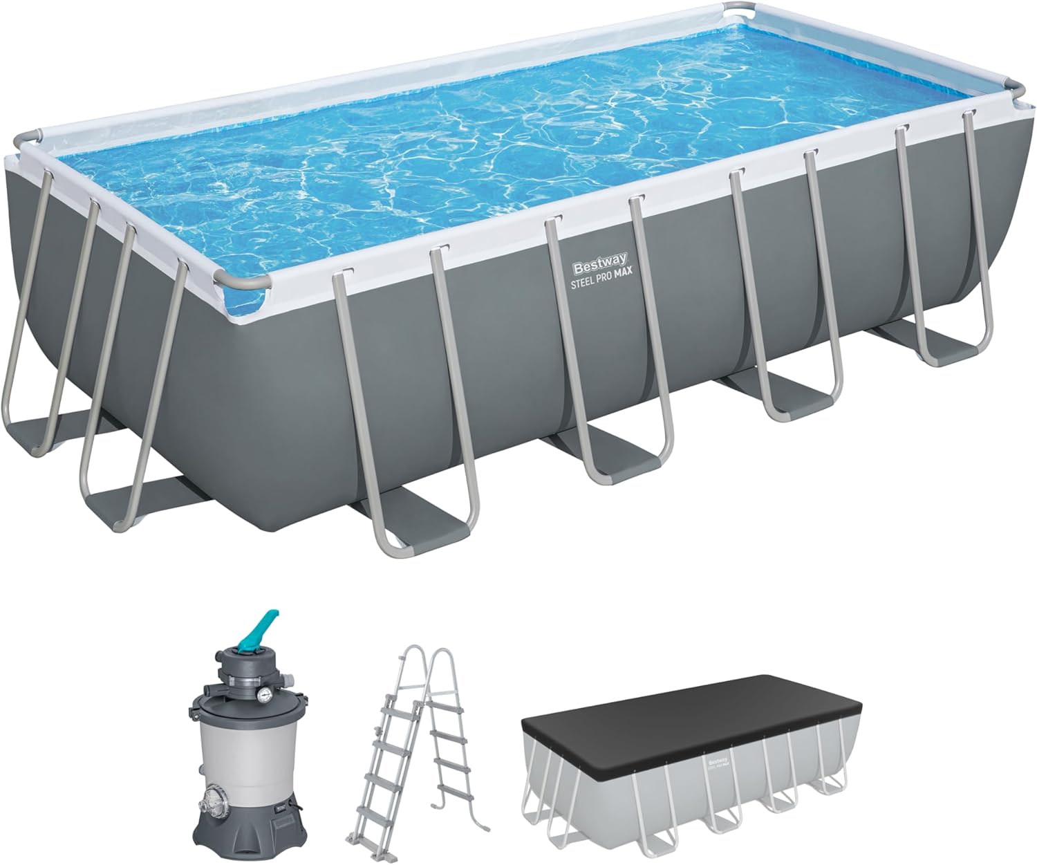 Bestway Power Steel Frame Pool Komplett-Set mit Sandfilteranlage 488 × 244 × 122 cm, Grau, Eckig