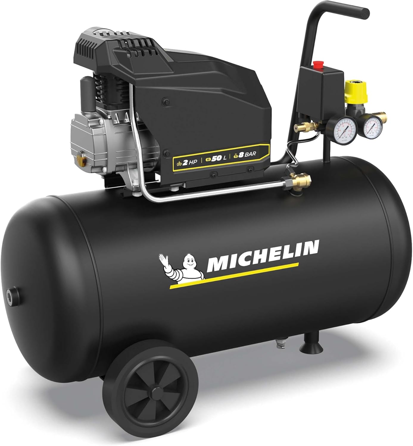MICHELIN, Luftkompressor MX Pop Air 50-2 l, Luftdurchsatz 195 l/min, Tank 50 Liter mit Rädern, Motor mit 2 PS, Maximaler Druck 8 bar