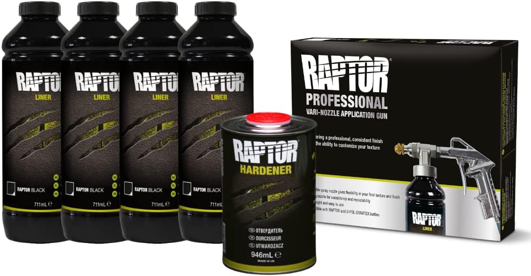 U-POL Raptor Beschichtung Lackierpistol, 4 Flaschen-Satz inkl. Härter 3, 79 Liter, 4 Flaschen mit Härter, Gesamtmenge 3, 79 l, schwarz