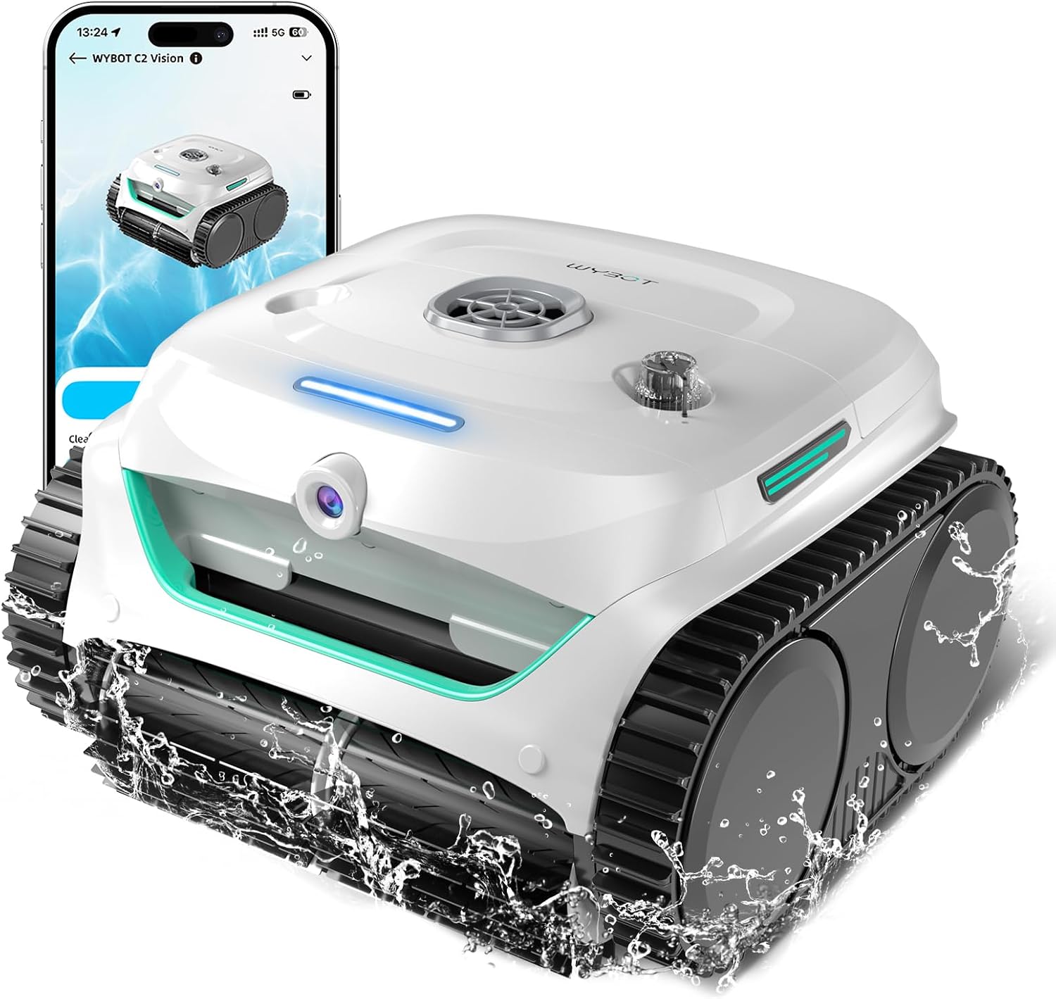 WYBOT C2 Vision AI Kamera Kabelloser poolroboter mit Akku, Weiß Grün, Poolroboter Boden und Wand, Zweischicht-Filterung, Leistungsstarke Absaugung