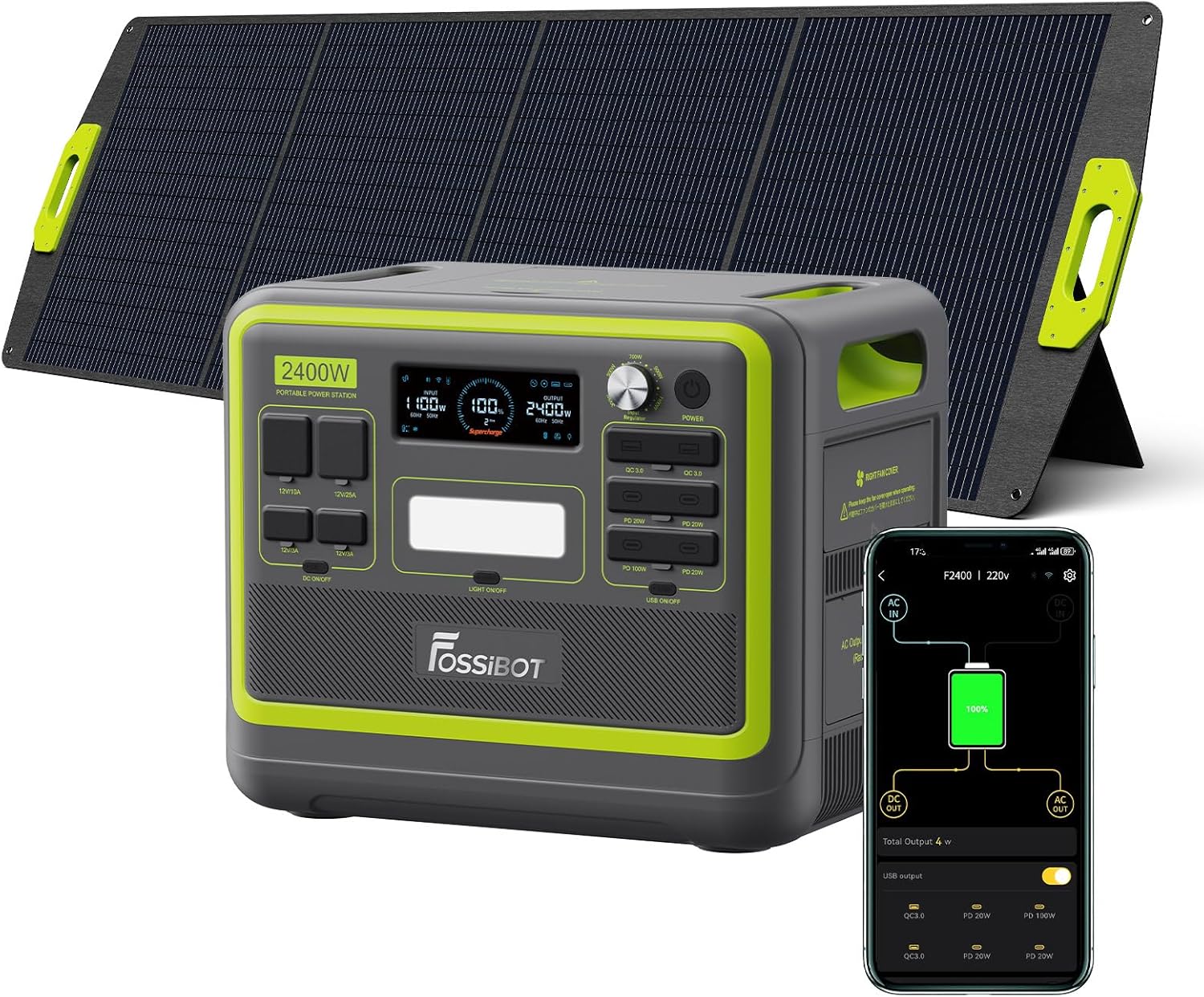 FOSSIBOT Powerstation 2400 W AC Ausgängen, 4800 W Peak, Stück mit 200 W Solarpanel Power Station, F2400, Camping, RV und Notfall