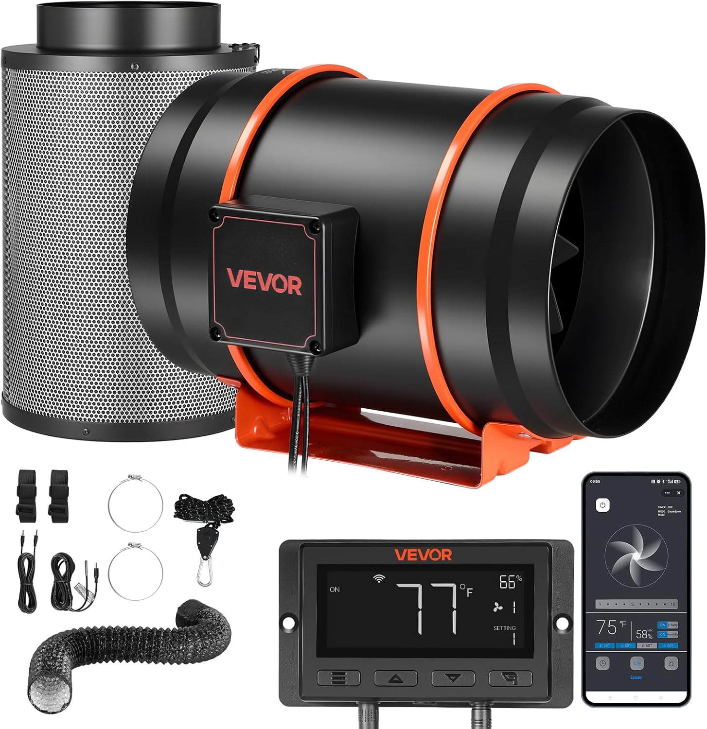 VEVOR 203 mm Rohrventilator mit Kohlefilter, 1372m3/h Inline-Rohrlüfter mit PWM & App-Steuerung, Kanalventilator mit 10 Stufen 9h Timer & EC-Motor